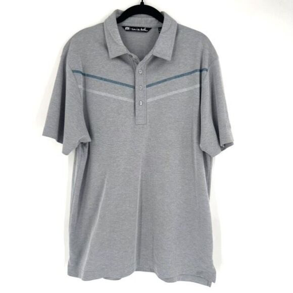 Travis Mathew Golf Shirt Mens Large Gray Blue Striped Polo Short Sleeve Casual - Picture 1 of 13